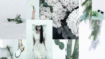 Set of trendy aesthetic photo collages. Minimalistic images of one top color. Fashion white moodboard