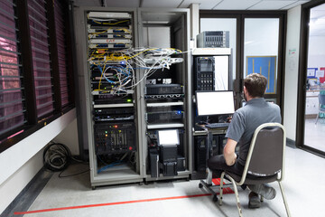 IT technical problem in server room with data connection visual effect .