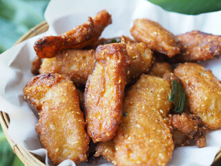Top view deep-fried sliced banana Thai Snack.