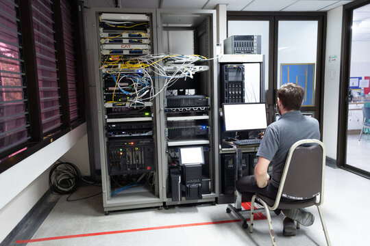 IT technical problem in server room with data connection visual effect .