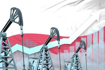 rising up chart on Poland flag background - industrial illustration of Poland oil industry or market concept. 3D Illustration