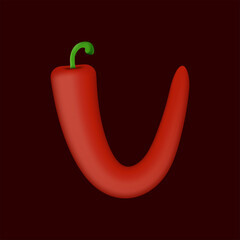 V letter made of red chilli pepper. Isolated vegetable vector organic typeface for farm design elements, restaurant menu and more