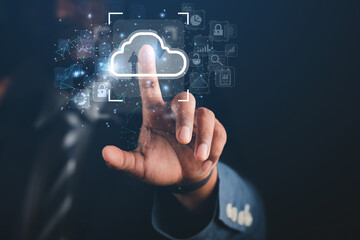 Business men display online business information in cloud data format to analyze business...