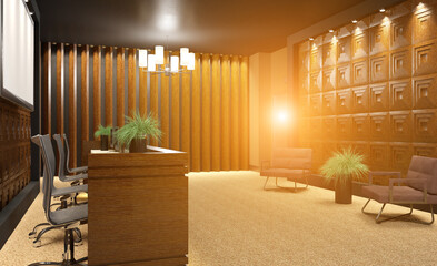 Modern office building interior. 3D rendering.. Sunset.
