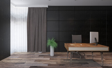 Front view of an office interior with a row of dark wood tables. 3D rendering.