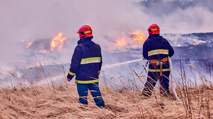 Spring forest fires are raging. Burning dry grass, reeds in the field. Grass is on fire in the...