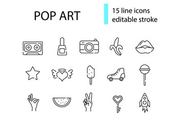 Pop art linear icons collection. Retro 1960s design. Woman lips, watermelon and hand poses. Vector stock illustration