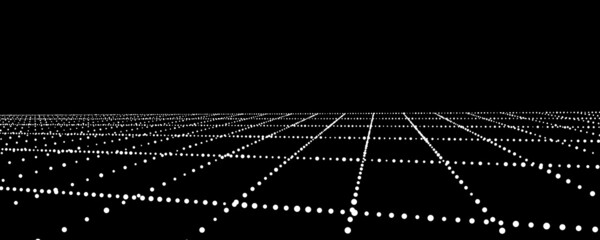 Abstract perspective grid. Digital background in retro style. Cyber landscape on black background. Vector illustration.