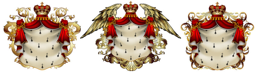 Three of  heraldic shields with a crown and royal mantle, richly ornamented, on a white background. High detailed realistic illustration - obrazy, fototapety, plakaty