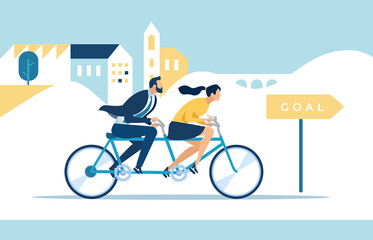 Teamwork. Together forward to the goal. The couple pedals on a tandem bicycle. Vector illustration. - obrazy, fototapety, plakaty