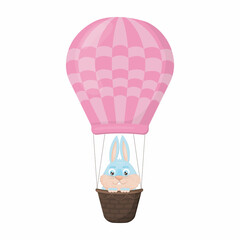 Fototapeta premium Cute blue hare enjoys a hot air balloon ride in a flat cartoon style