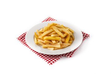 Fried potatoes, french fries on plate isolated on white background