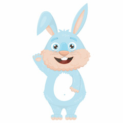 Cute blue hare standing and waving hand in flat cartoon style
