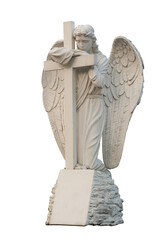 The stone sculpture of a sitting angel with a harp in his hands on the white background