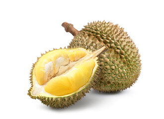 Durian fruit with cut in half  isolated on white background. Clipping path.