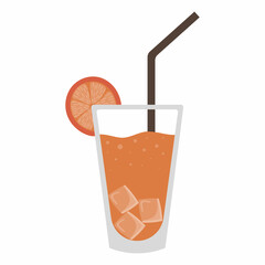 Orange cocktail with ice in a transparent glass with a straw garnished with a slice of orange in a flat style