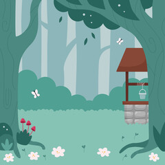 Green forest background with flowers, mushrooms, trees and water well. Woodland landscape. Flat cartoon style vector illustration for banners and children books.