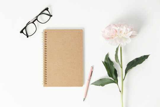 Minimal Styled Flat Lay With Peony Flower And Blank Notebook. Planner Mockup