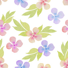 Floral hand drawn watercolor seamless pattern. Yellow pink and lilac flowers on a white background. Delicate feminine background. Small flowering field buds. Childish girly print and wallpaper.	