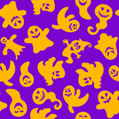 Seamless pattern of cute little cartoon ghosts on lilac background. Seamless vector pattern for Halloween design