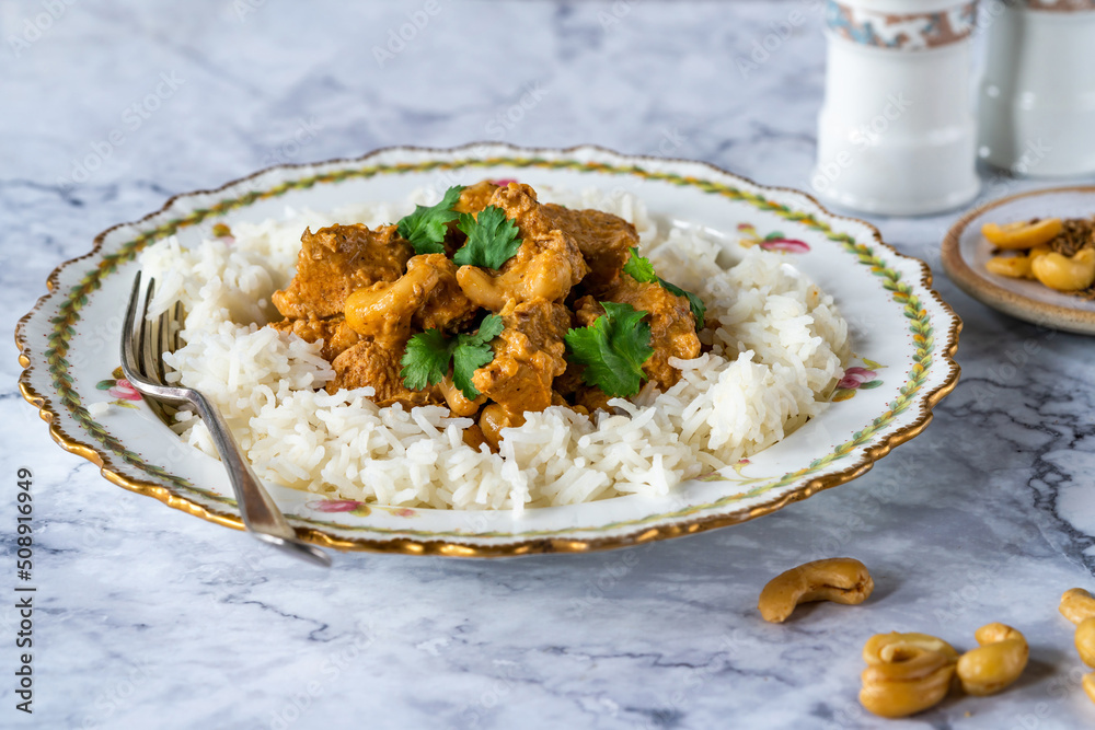 Poster Chicken korma curry with cashew nuts and rice