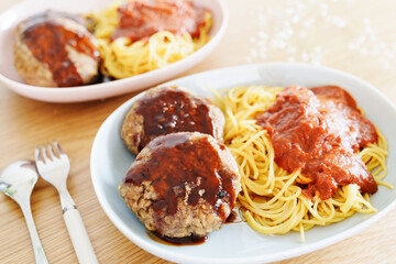 Tomato Sauce Pasta with plant-based hamburg steak