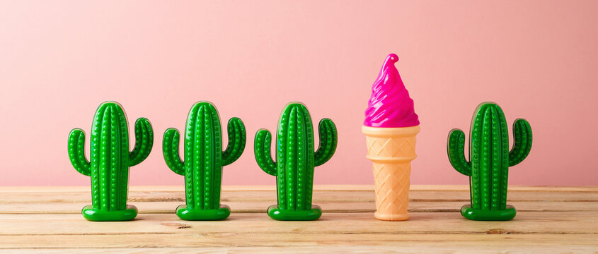Retro aesthetic still life with summer decorations, Summer vacation vibes concept with cactus and ice cream