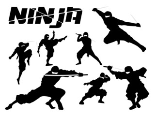 Ninja Silhouette Set. Set of Ninja silhouette vector illustration, Ninja Weapon silhouette. Ninja Japanese warrior silhouettes. Ninja silhouette isolated on white background. Vector illustration. All  - obrazy, fototapety, plakaty