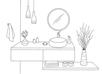 Bathroom graphic home interior black white sketch illustration vector 