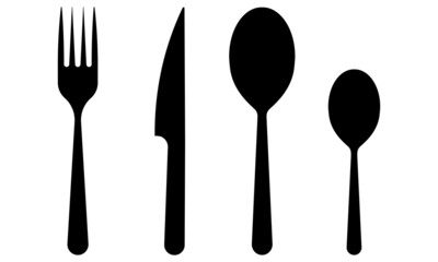 Set with spoon, fork and knife. Black silhouette with cutlery icons. Food symbol. Restaurant sign.