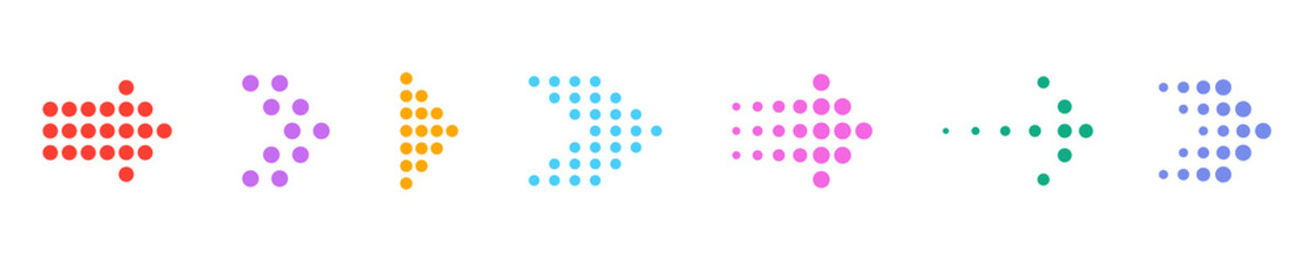 Set with dotted colorful arrows. Arrow signpost. Dotted arrow vector set. Vector icons.