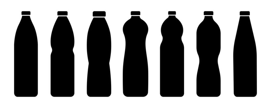 Set of plastic bottle on white background. Black silhouette of plastic bottle with cap for water, soda or juice. Vector icons. 