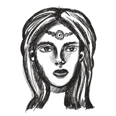 Girl with a necklace on her head hand-drawn isolated on a white background