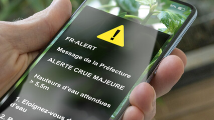 Alerte crue majeure, inondation, message préfecture téléphone. Fr alert, message Fr-Alert,...
