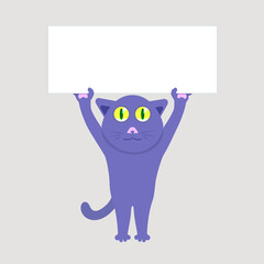 Illustration of a cute cartoon cat with a white blank placard above his head for your text or design