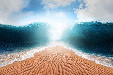 Sea opening up creating a land passage. Parting the red sea concept religion theme. - obrazy, fototapety, plakaty
