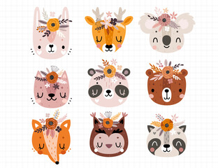 Cute animals with flowers - fox, deer, bunny, bear, owl, raccoon, koala, panda, cat.