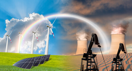 Clean energy concept - Renewable Wind Energy vs Chimneys of thermal power plant on desert amazing rainbow in the background