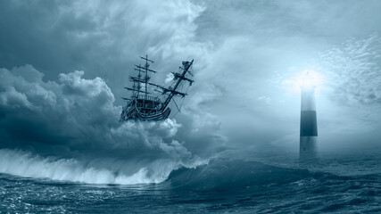 Flying old sailing ship at the stormy sea with lighthouse in the background and strong sea wave 