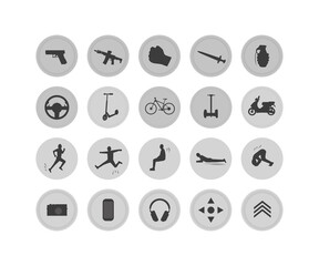 icons for the game in a minimalistic style. Translucent icons. Weapon. Traffic. Gadgets
