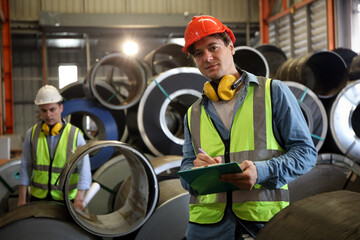 The Caucasian engineer posing in production line process after check and inspection the machine in factory, professional technician operating or work in manufacturing industrial