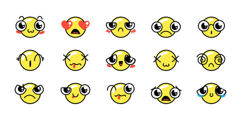 Various Cartoon Emoticons Set. Doodle faces, eyes and mouth. Caricature comic expressive emotions, smiling, crying and surprised character face expressions
