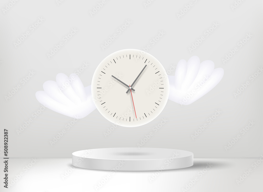 Poster flying clock with the wings above the stage. 3d vector concept