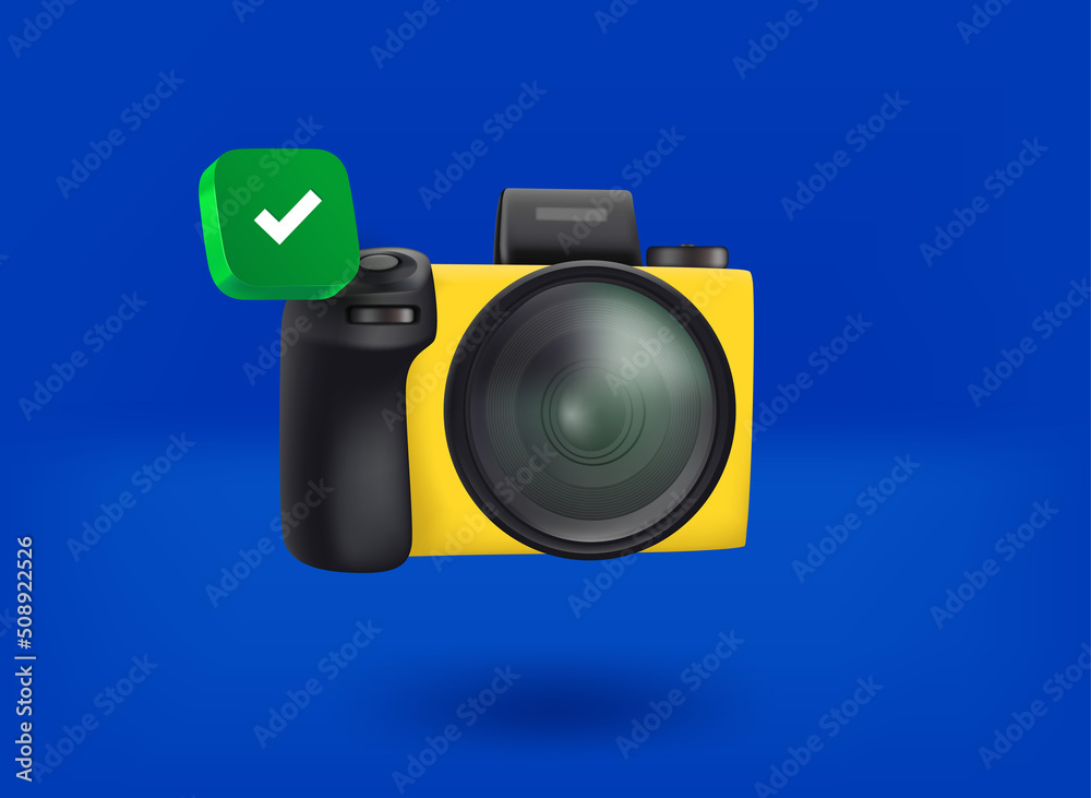 Poster Modern digital camera with checkmark icon. 3d vector illustration