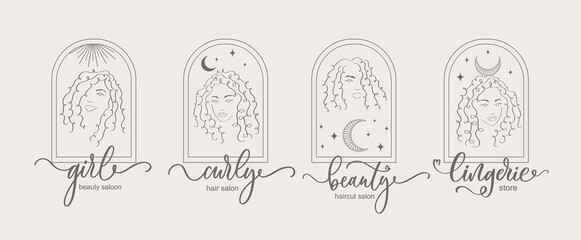 Logo design template and monogram concept in trendy linear style with curly girl in arch - frame with copy space for text or letter - emblem for store, salon, beauty and lingerie store.