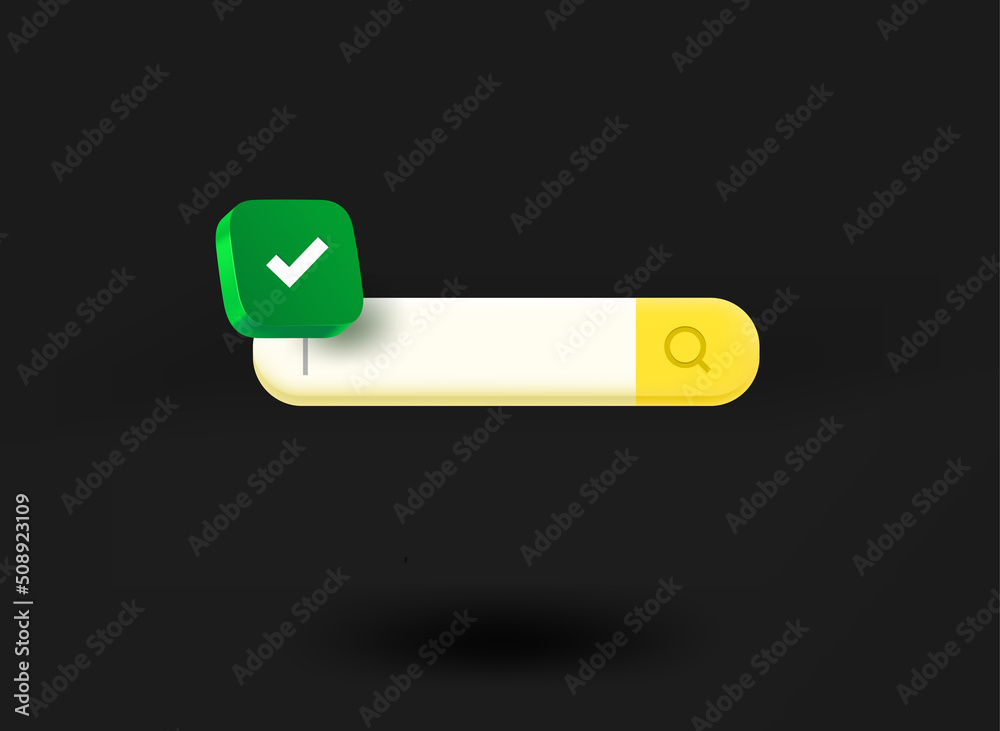 Aufkleber website search with checkmark icon. 3d vector illustration