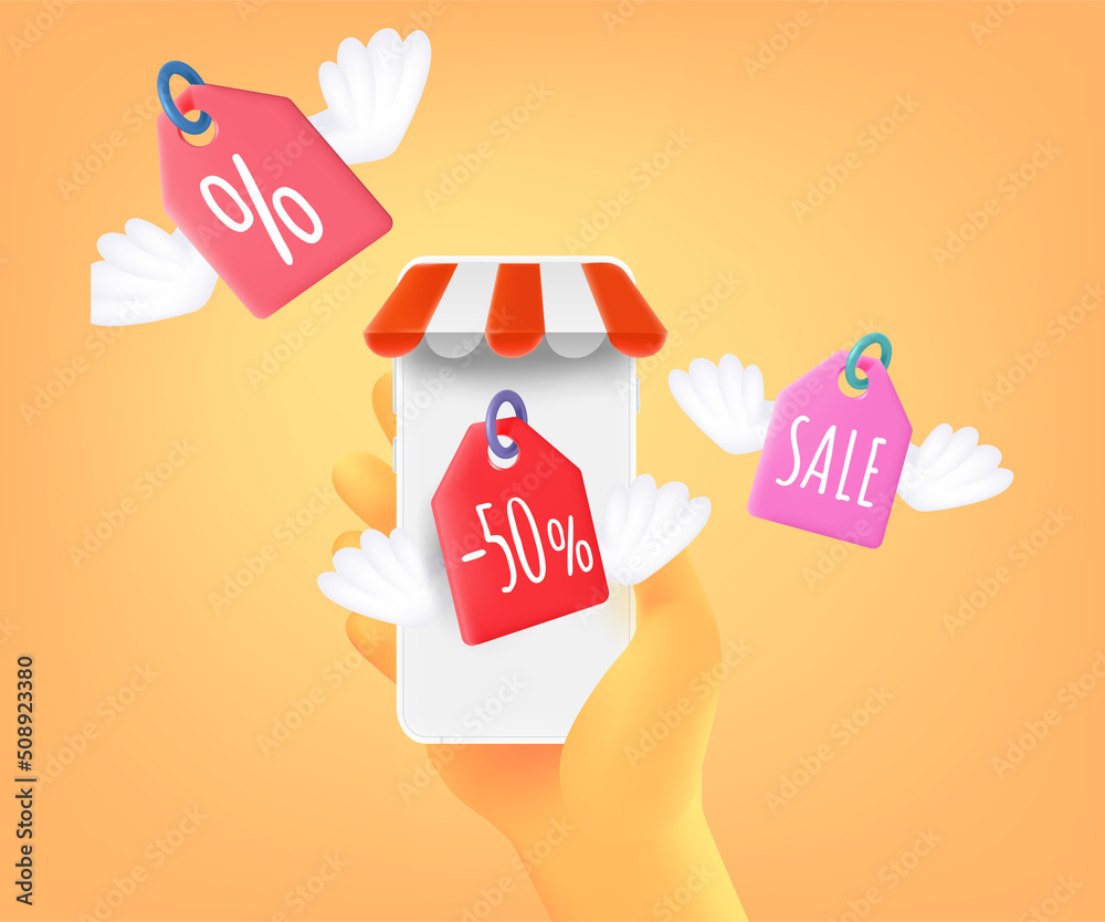 Aufkleber get discounts in internet shop via mobile app. 3d vector concept