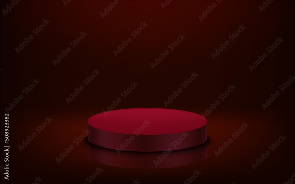 Poster dusk red studio with round platform. 3d vector illustration