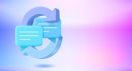 Refreshing social media concept with chat balloons with hearts. 3d vector banner with copy space