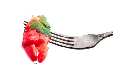 Imitation crab on fork isolated on white background © lena_zajchikova